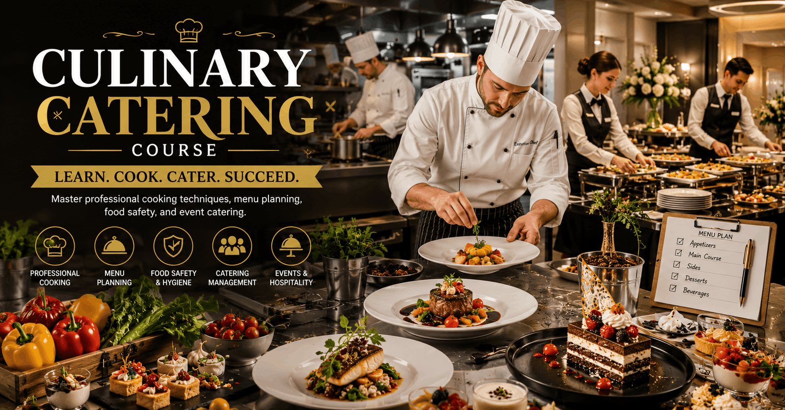 Culinary Catering Course featuring chefs preparing gourmet dishes in a professional commercial kitchen