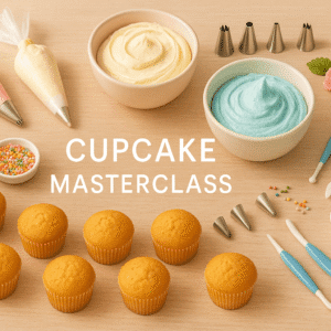 Cupcake masterclass setup showing baked cupcakes, frosting tools and piping tips for decoration.