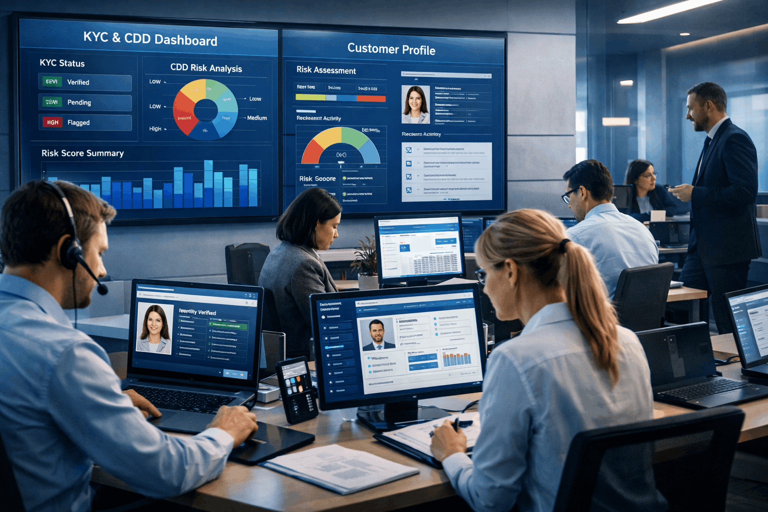 Professional team using customer compliance CRM system for KYC and customer relationship management