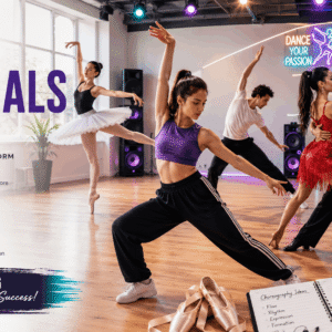 Students practising routines in a modern studio during a Dance Essentials Course training session