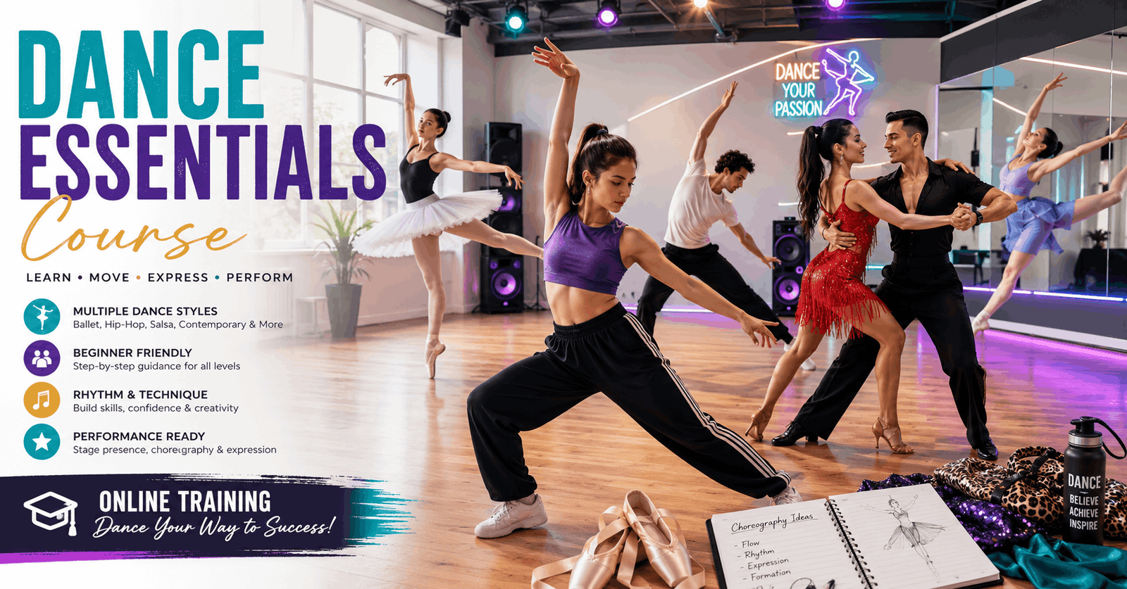 Students practising routines in a modern studio during a Dance Essentials Course training session