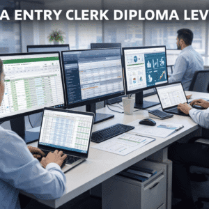 Data Entry Clerk Diploma Level 3 showing a professional typing, analysing spreadsheets and managing databases
