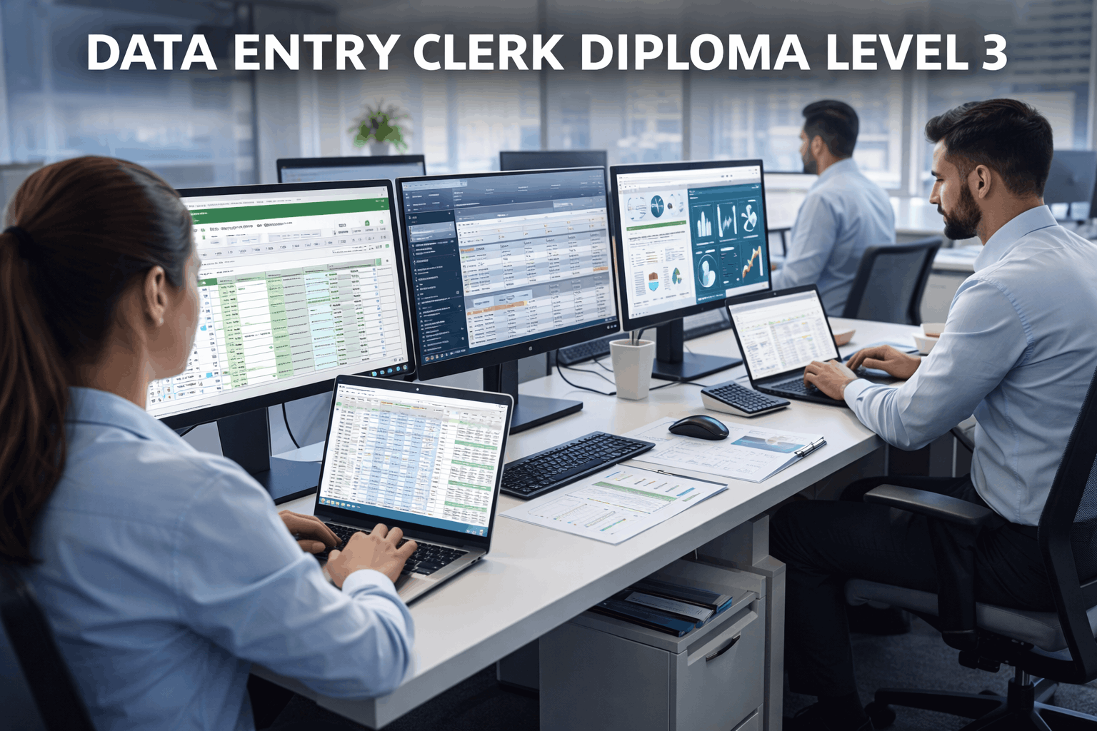 Data Entry Clerk Diploma Level 3 showing a professional typing, analysing spreadsheets and managing databases