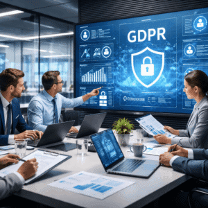 A professional UK data compliance team reviewing security systems during Data Protection Diploma Level 3 training