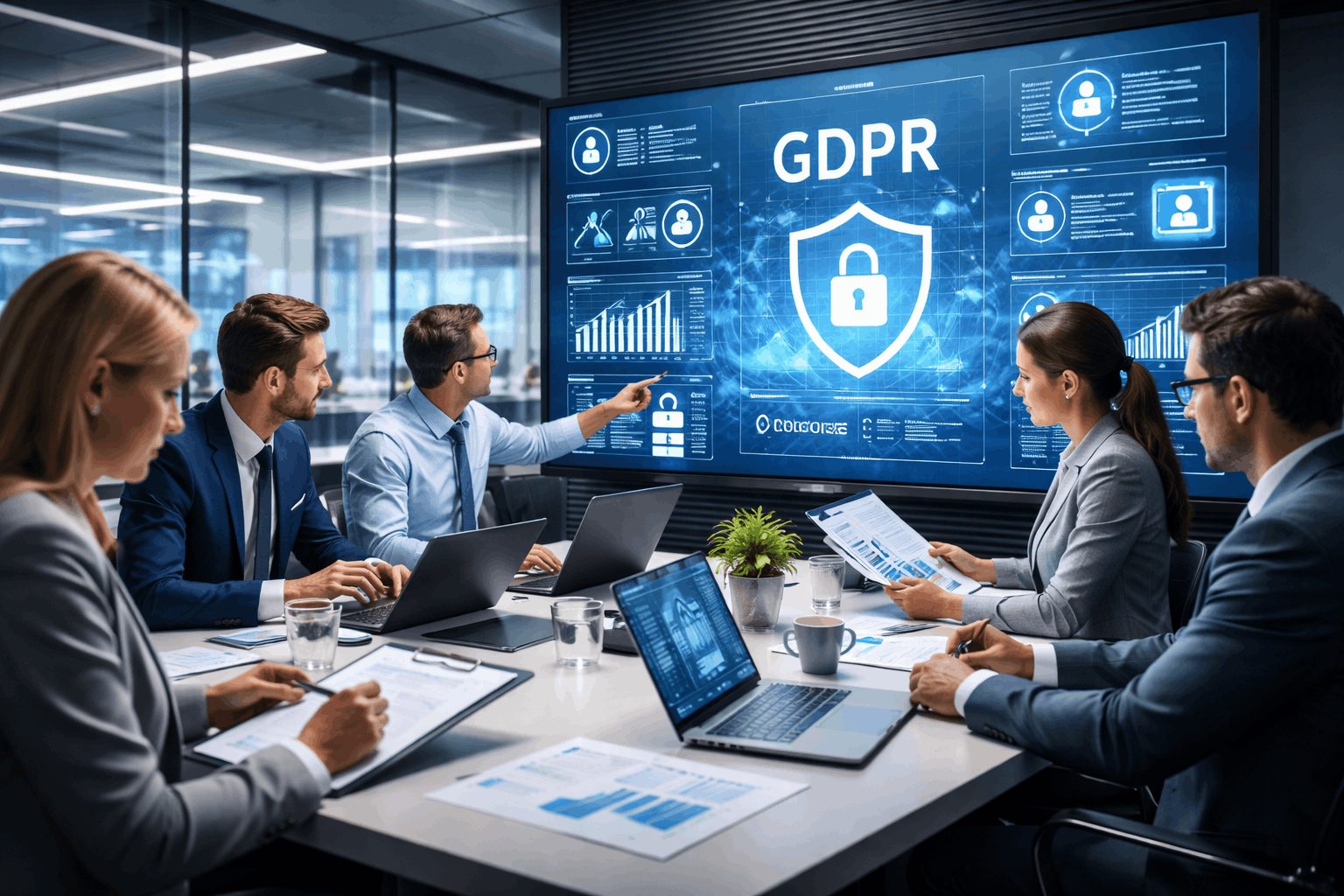 A professional UK data compliance team reviewing security systems during Data Protection Diploma Level 3 training