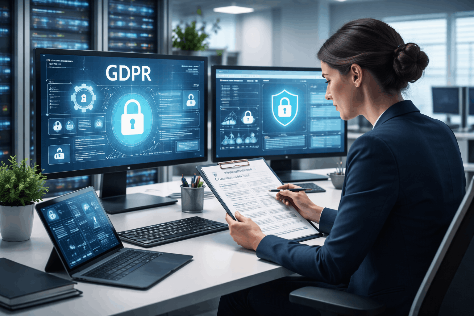 Data Protection Officer Level 3 training showing a compliance professional reviewing GDPR and data security systems