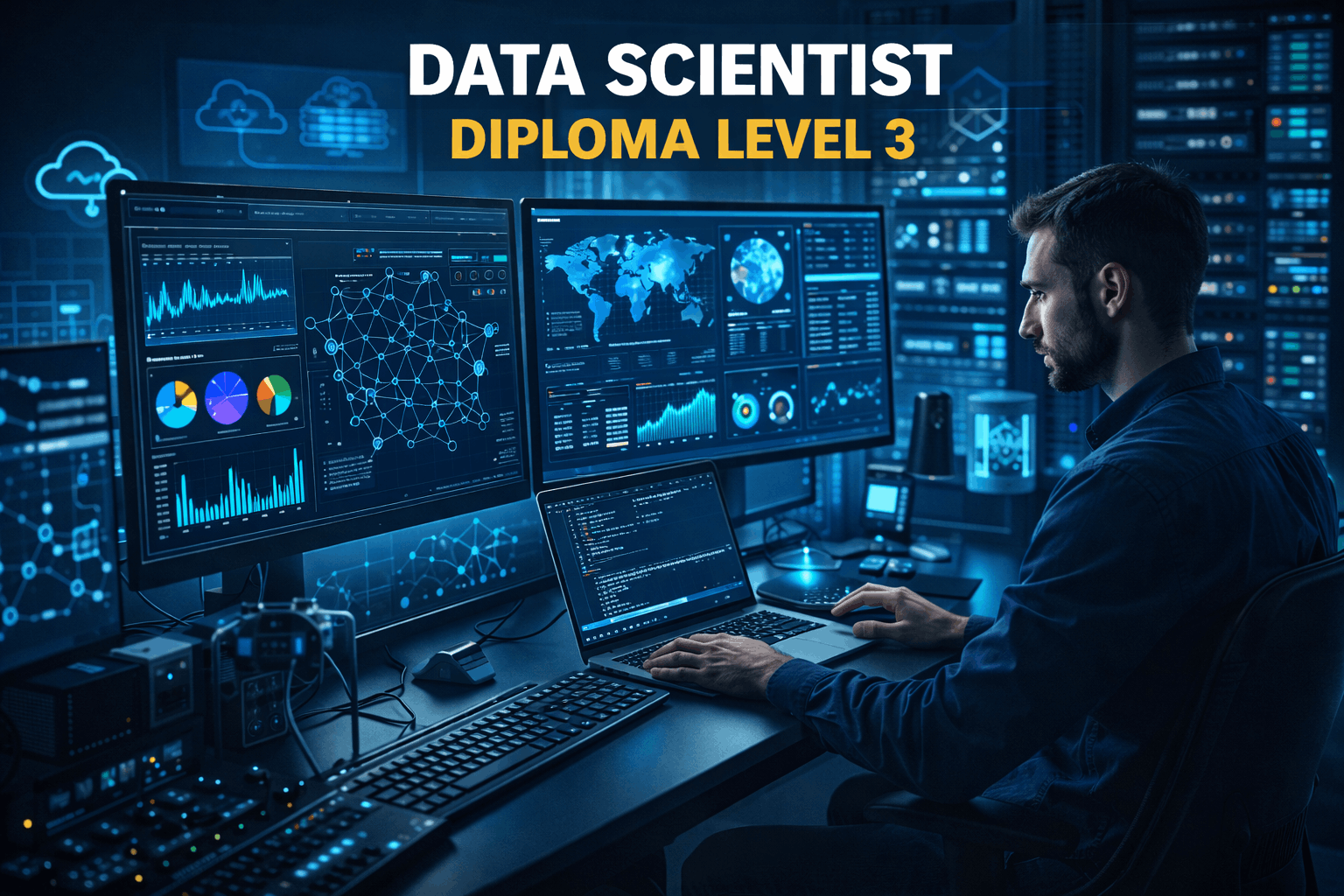Data Scientist Diploma Level 3 showing a data scientist analysing charts and machine learning models on digital screens
