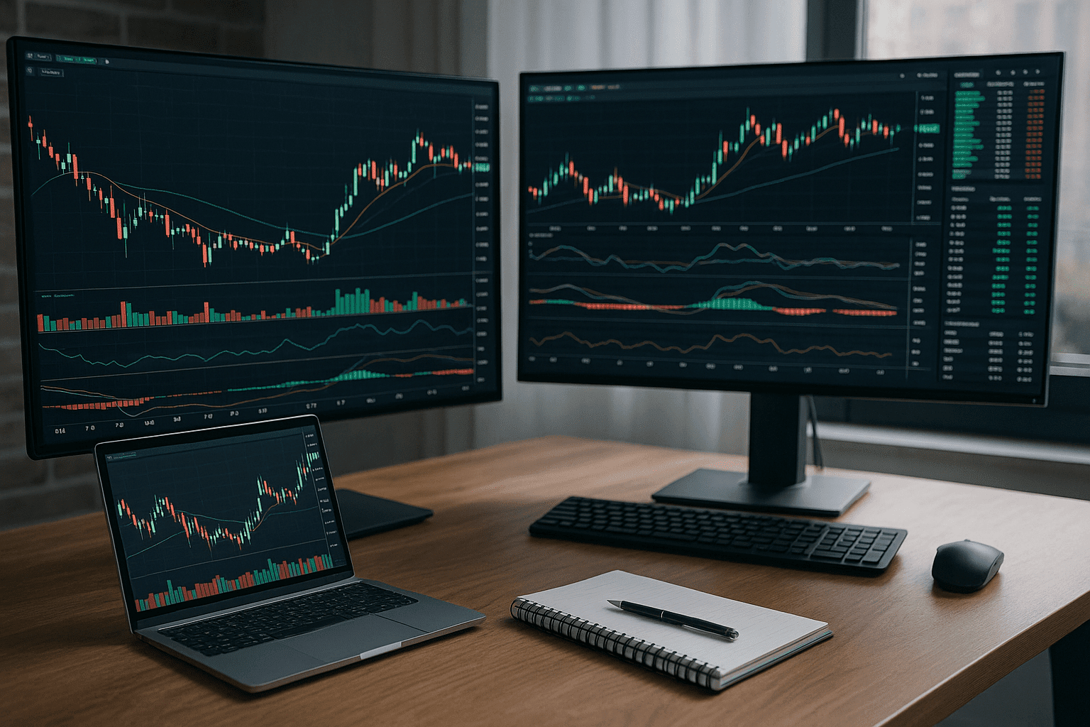 A modern trading desk with charts and monitors representing a day trading course setup for beginners.