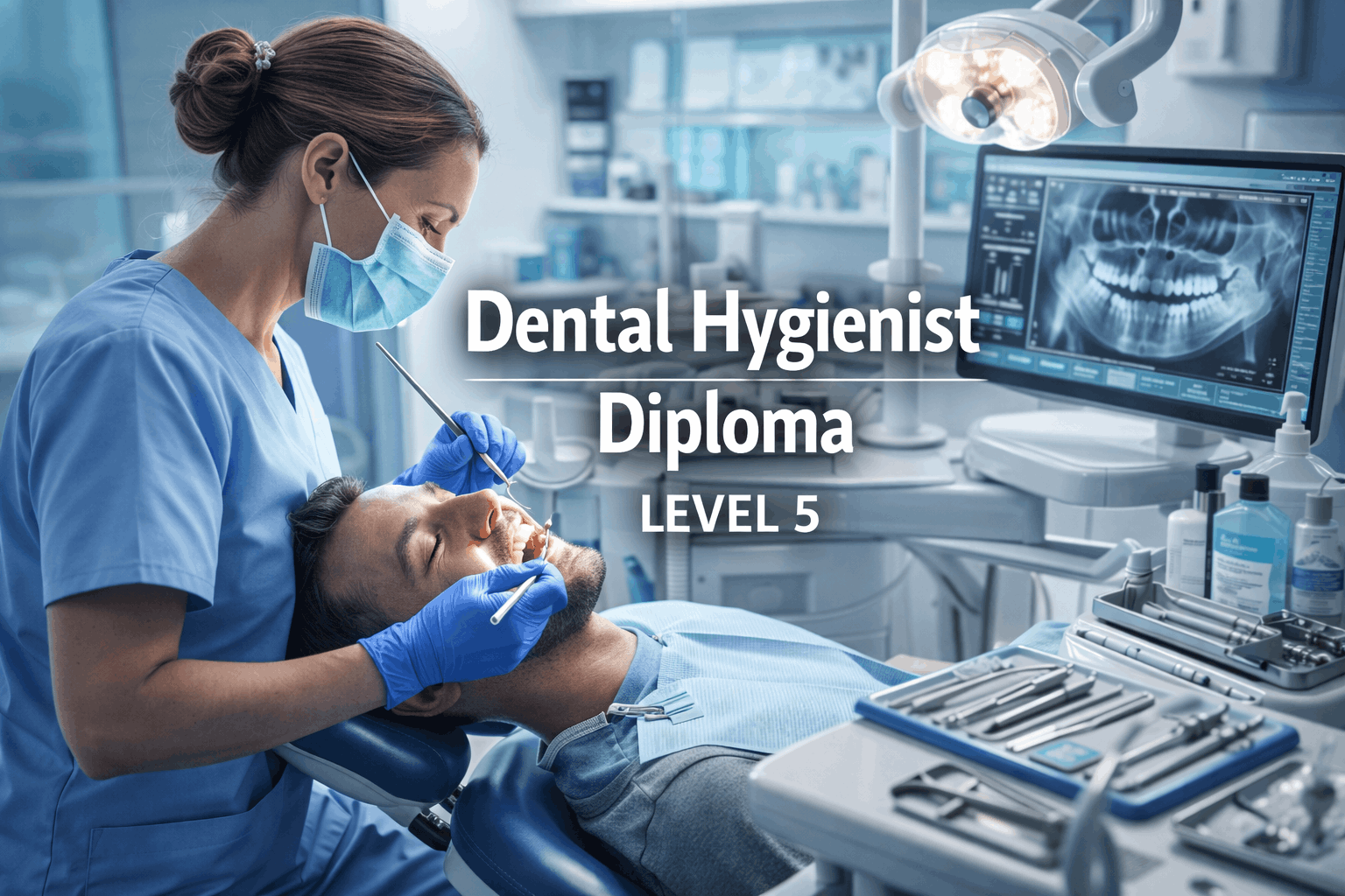 Dental hygienist diploma showing hygienist treating patient with modern dental tools in a clinical training environment