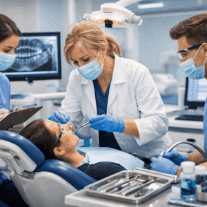 Dental Hygienist Diploma students learning advanced dental hygiene techniques in a modern UK clinical training environment