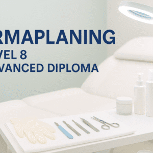 Dermaplaning Advanced Diploma banner featuring tools, skincare products, treatment setup and a professional aesthetic workspace.