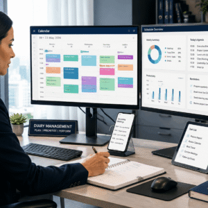 Executive assistant managing schedules in a Diary Management Course using digital calendar tools
