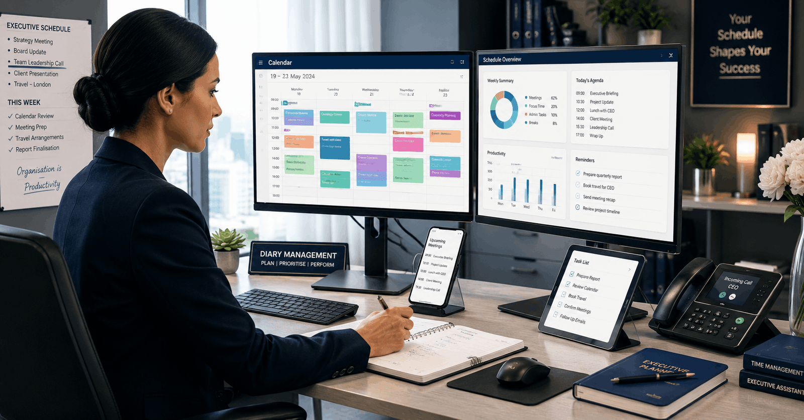 Executive assistant managing schedules in a Diary Management Course using digital calendar tools