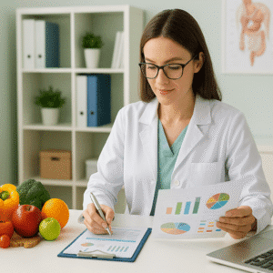 Healthcare dietitian reviewing nutrition plans with fresh foods and charts, representing the dietetics course.
