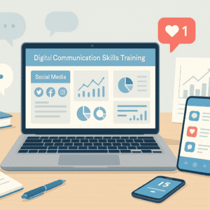 Digital communication skills scene with laptop, social media icons, analytics charts and content tools.