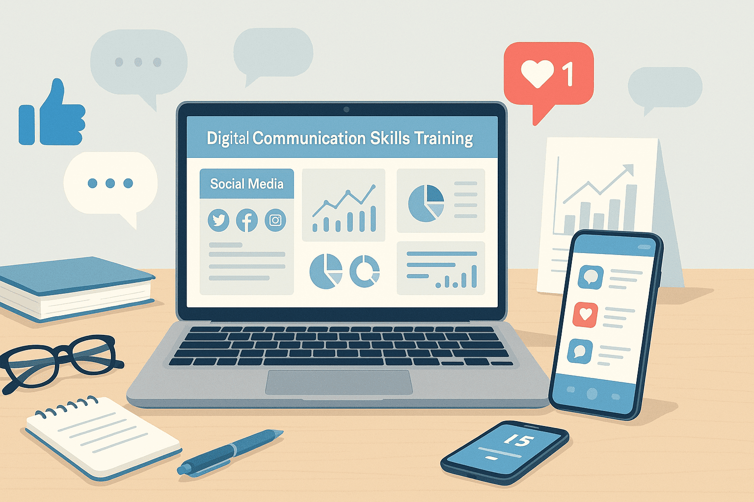 Digital communication skills scene with laptop, social media icons, analytics charts and content tools.