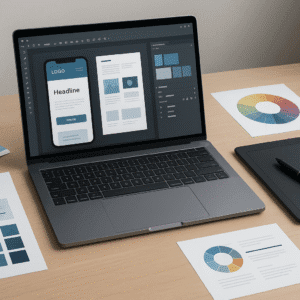 Modern workspace with digital tools, showing a designer working on graphics and UI screens for a digital design course.