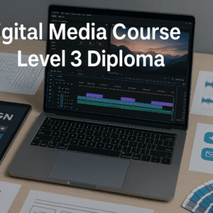 Digital media course workspace showing design tools, video editing screen and creative digital elements on a modern desk.