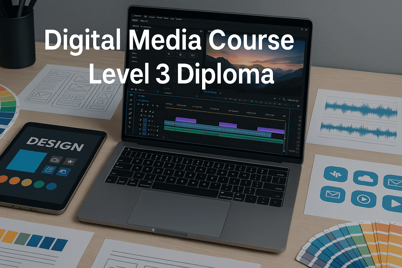 Digital media course workspace showing design tools, video editing screen and creative digital elements on a modern desk.