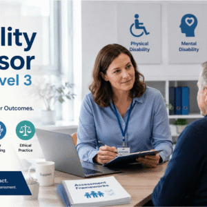 Professional healthcare assessor conducting a Disability Assessor Course Level 3 client evaluation