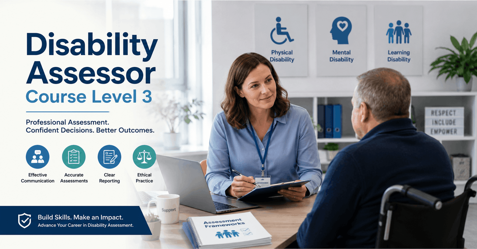 Professional healthcare assessor conducting a Disability Assessor Course Level 3 client evaluation
