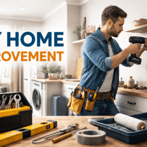 DIY home improvement tools and projects including painting, carpentry, plumbing, and electrical work in a modern UK home