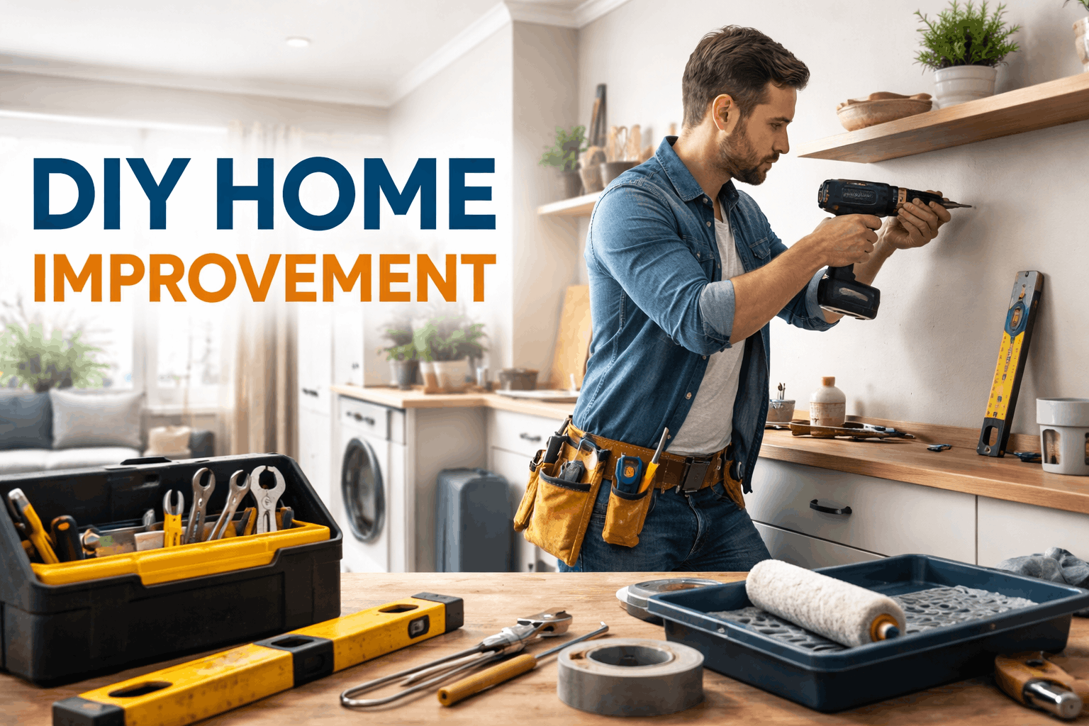 DIY home improvement tools and projects including painting, carpentry, plumbing, and electrical work in a modern UK home