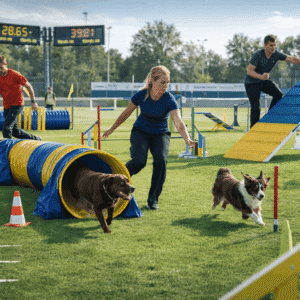 Dog Agility Training students guiding dogs through jumps, tunnels and weave poles on a professional outdoor agility course