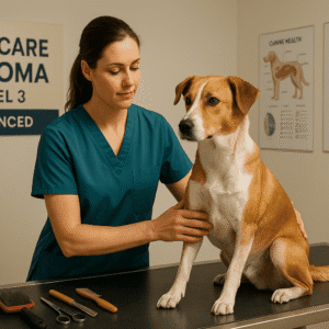 Dog Care Diploma image showing a professional handling a dog in a modern care setting.