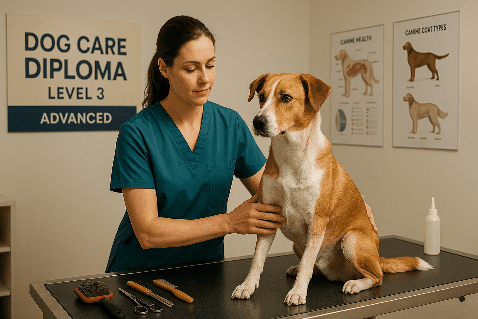 Dog Care Diploma image showing a professional handling a dog in a modern care setting.