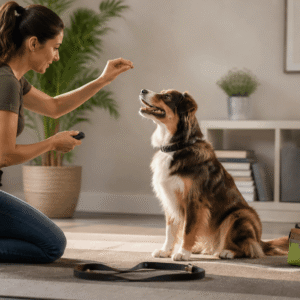 Dog owner training a pet using commands and treats in a professional dog training course setting