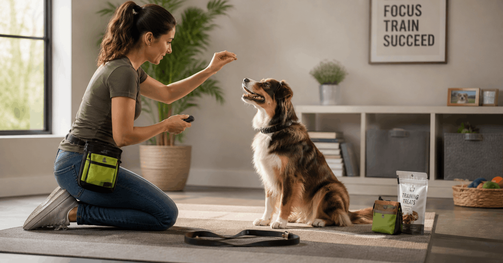 Dog owner training a pet using commands and treats in a professional dog training course setting