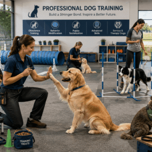 Dog Training Diploma students working with trained dogs in a professional canine training environment