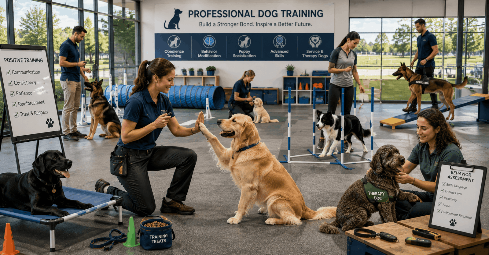 Dog Training Diploma students working with trained dogs in a professional canine training environment