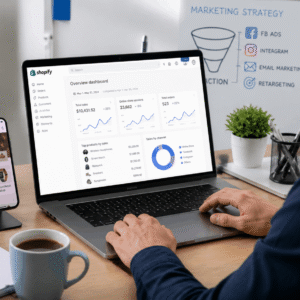 Professional dropshipping Shopify course showing online store setup, product listing, and ecommerce dashboard