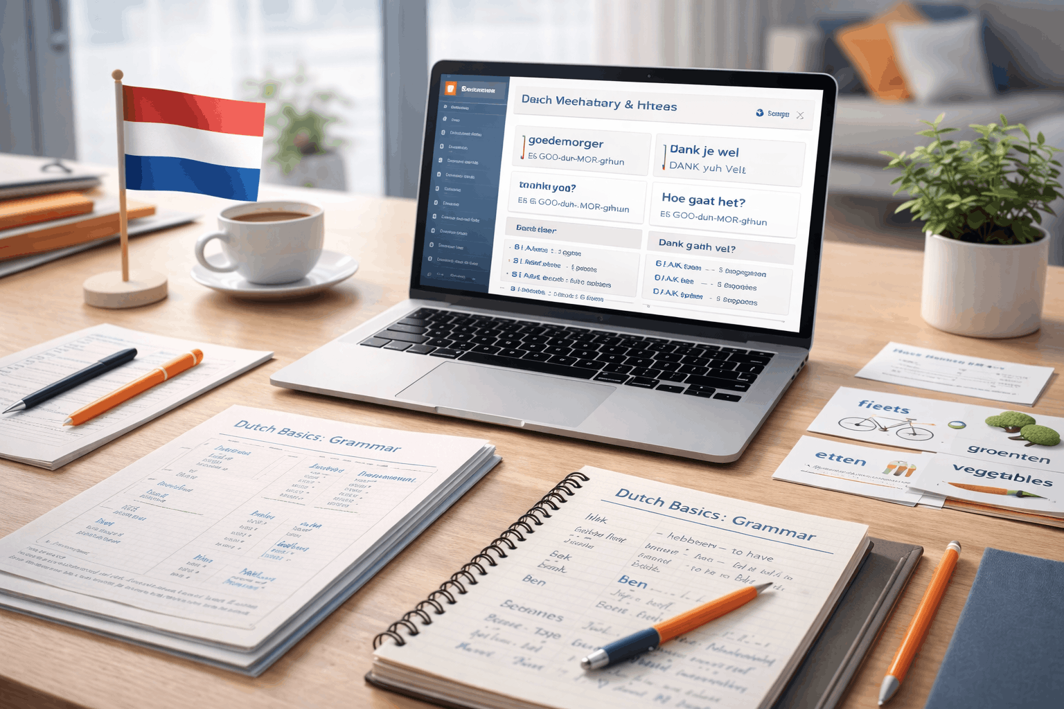 Beginner-friendly Dutch for beginners course showing basic vocabulary, pronunciation practice, and simple conversations.