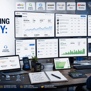Entrepreneur managing an eBay Dropshipping business with product listings, supplier sourcing and sales analytics dashboards.