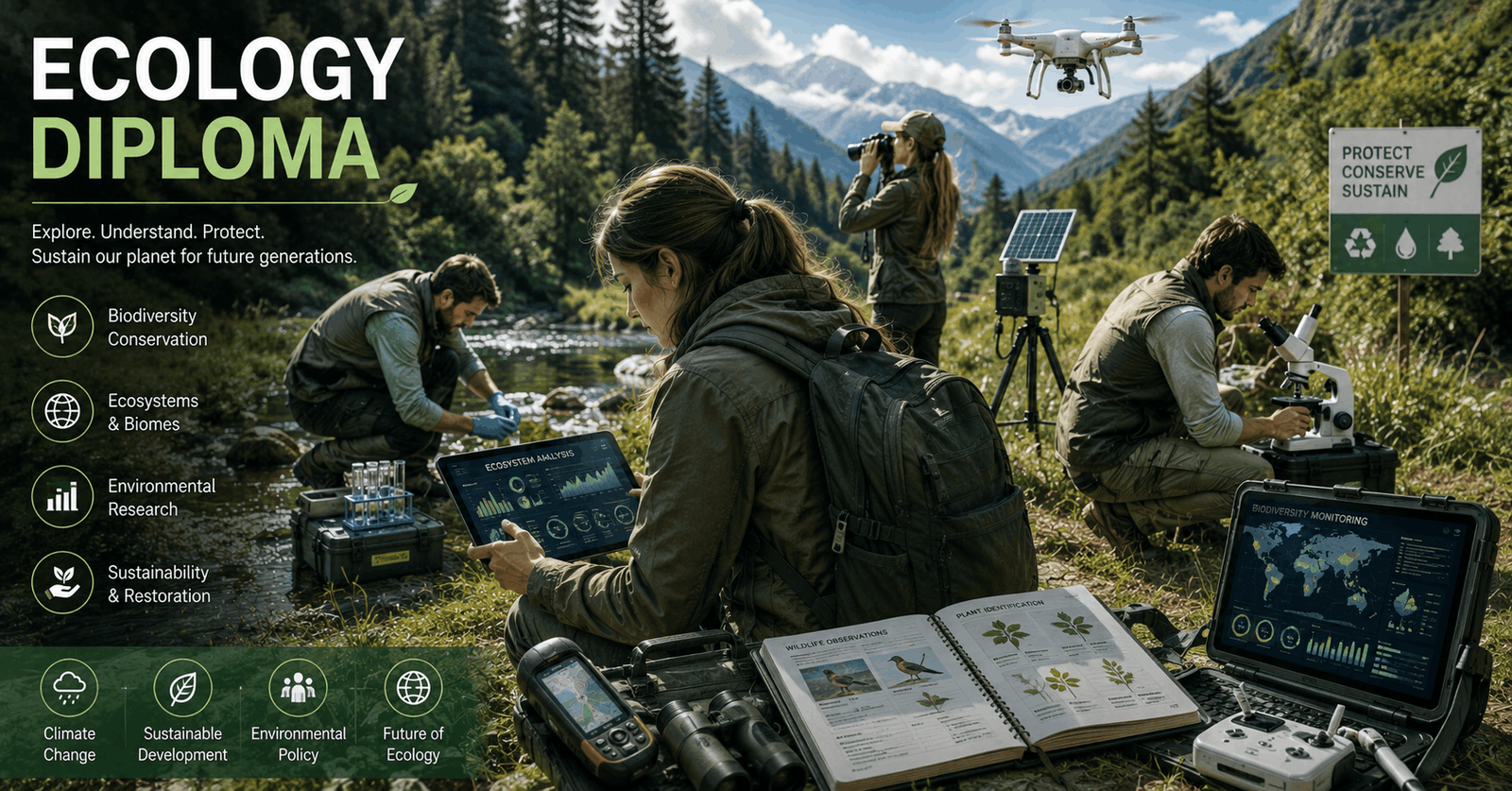 Students conducting environmental field research in an Ecology Diploma training programme