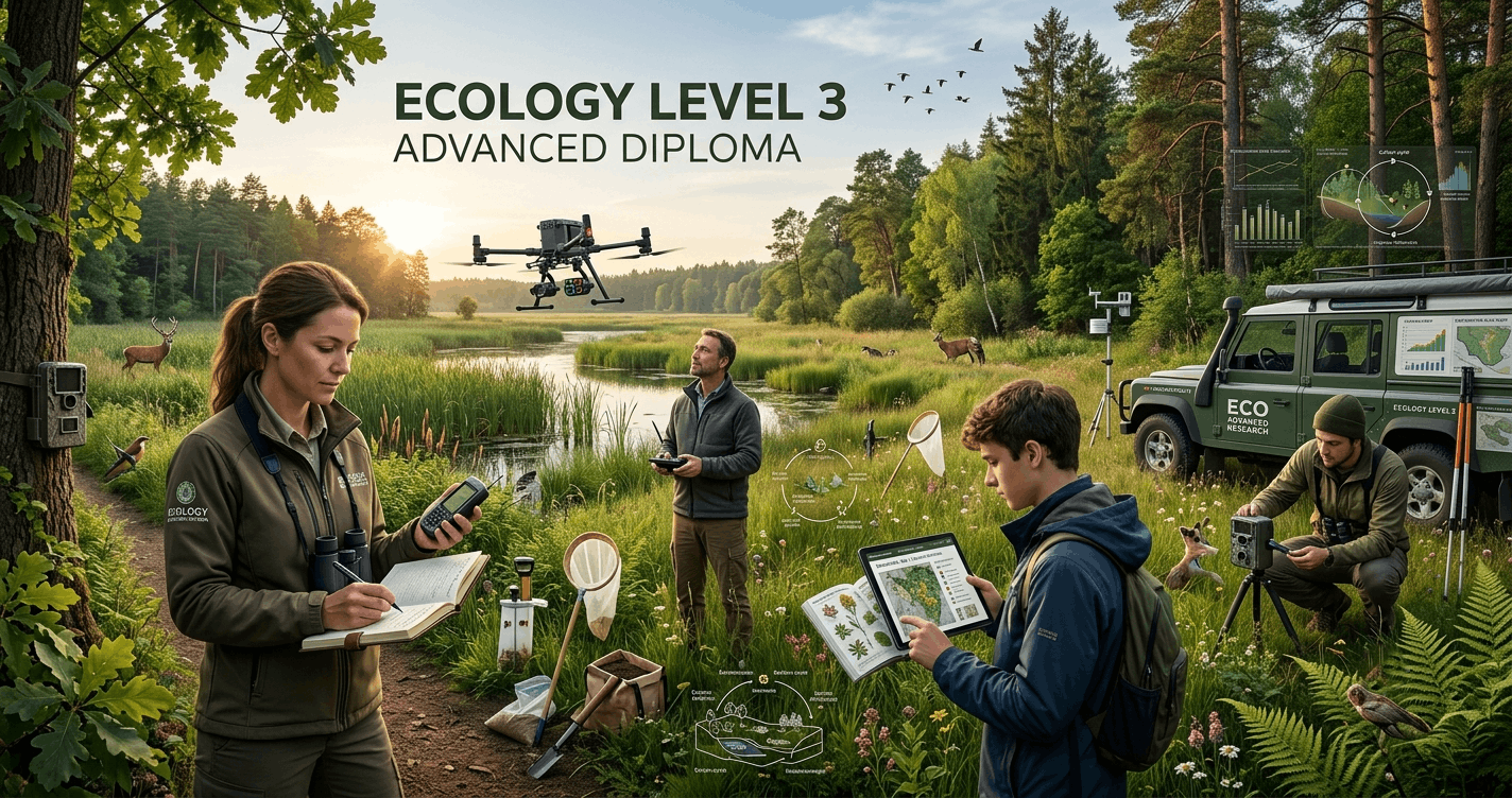 Students conducting ecological fieldwork in natural habitats for an Ecology Diploma course