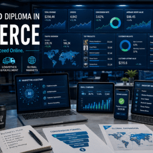 Ecommerce Diploma featuring online store analytics, digital marketing dashboards, and eCommerce business tools