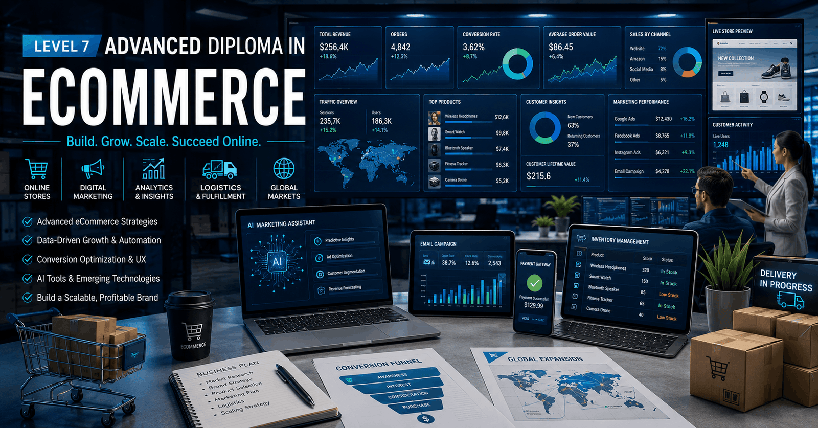 Ecommerce Diploma featuring online store analytics, digital marketing dashboards, and eCommerce business tools