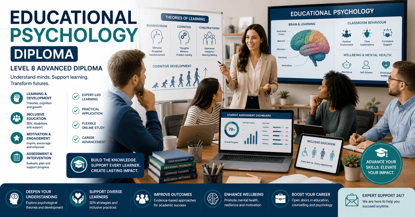 Educational psychology diploma learners studying cognitive development and classroom psychology concepts