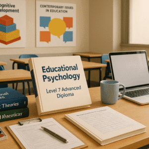 Educational psychology diploma scene with books, learning tools, and a modern UK classroom setting.