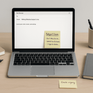 Professional desk setup with email screen, notes, and writing tools representing effective subject lines course.