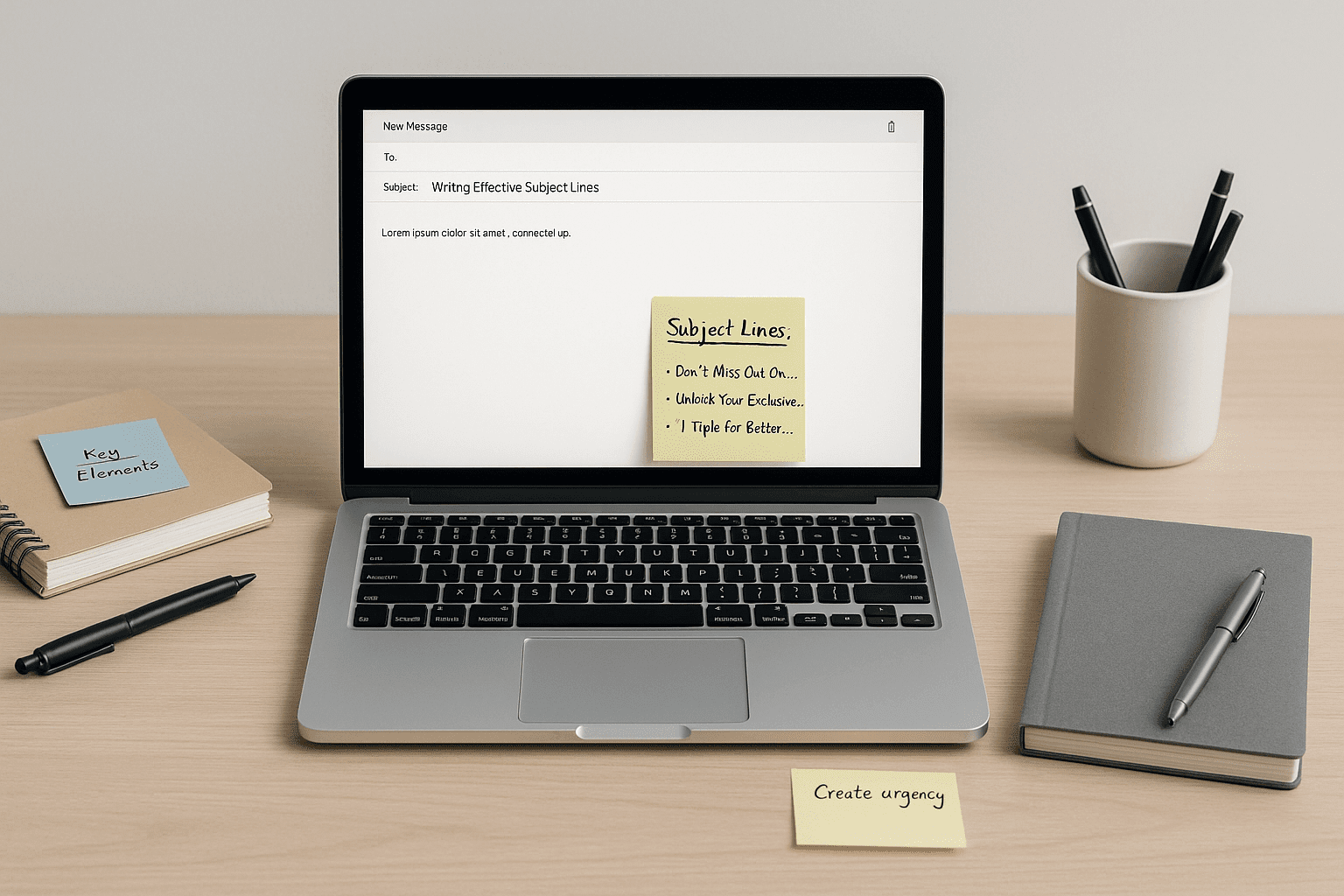 Professional desk setup with email screen, notes, and writing tools representing effective subject lines course.