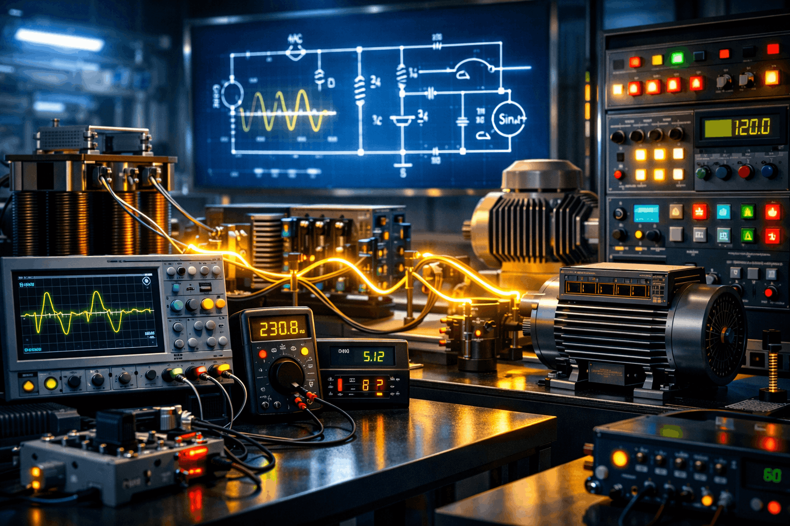 Electrical circuits systems training showing AC circuits, transformers, motors and control panels in a modern engineering lab