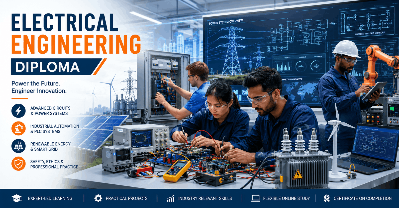 Engineering students working with circuits and power systems in an Electrical Engineering Diploma course