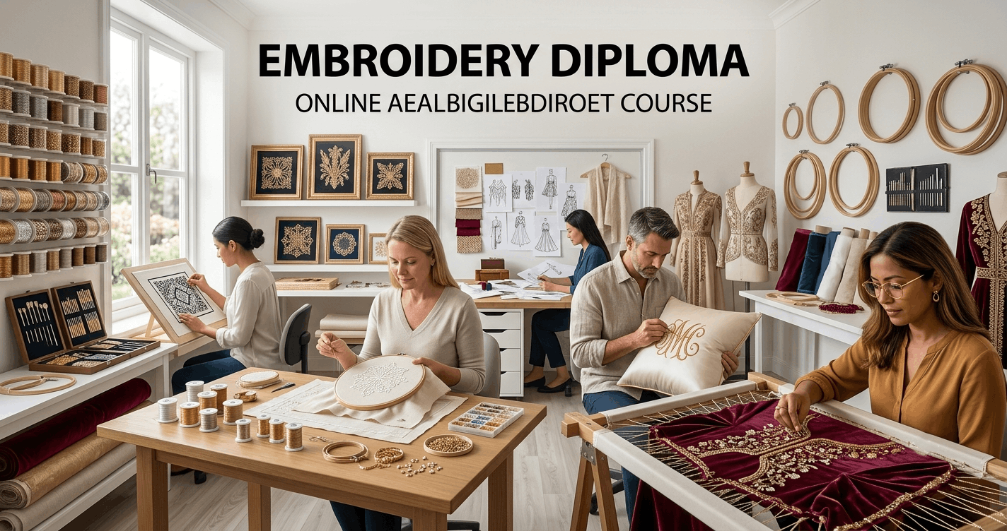 Professional textile artist creating detailed embroidery patterns during an Embroidery Diploma course
