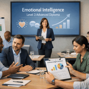 Professional training scene for emotional intelligence diploma Level 3 showing leadership, teamwork and communication skills