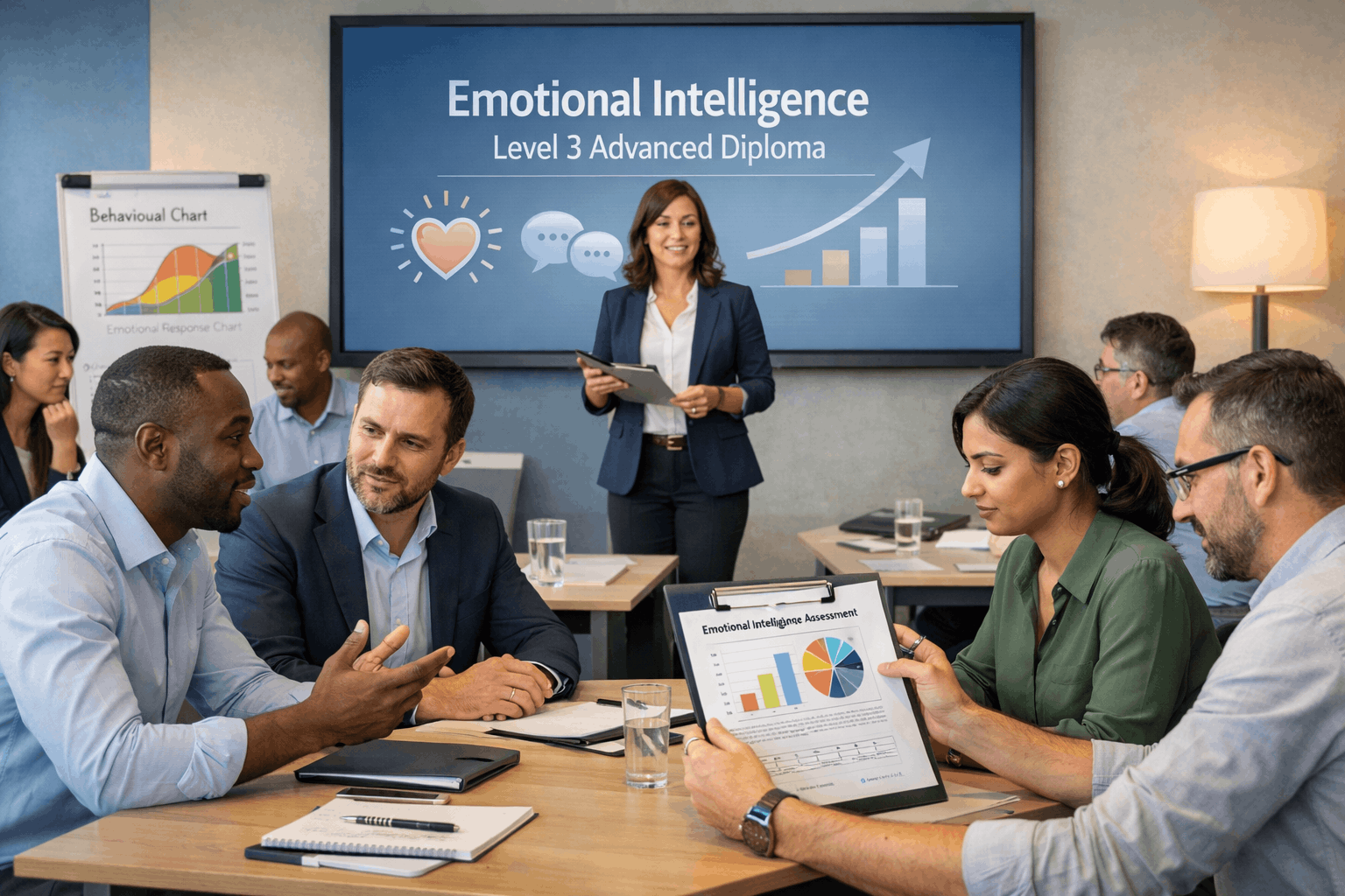 Professional training scene for emotional intelligence diploma Level 3 showing leadership, teamwork and communication skills